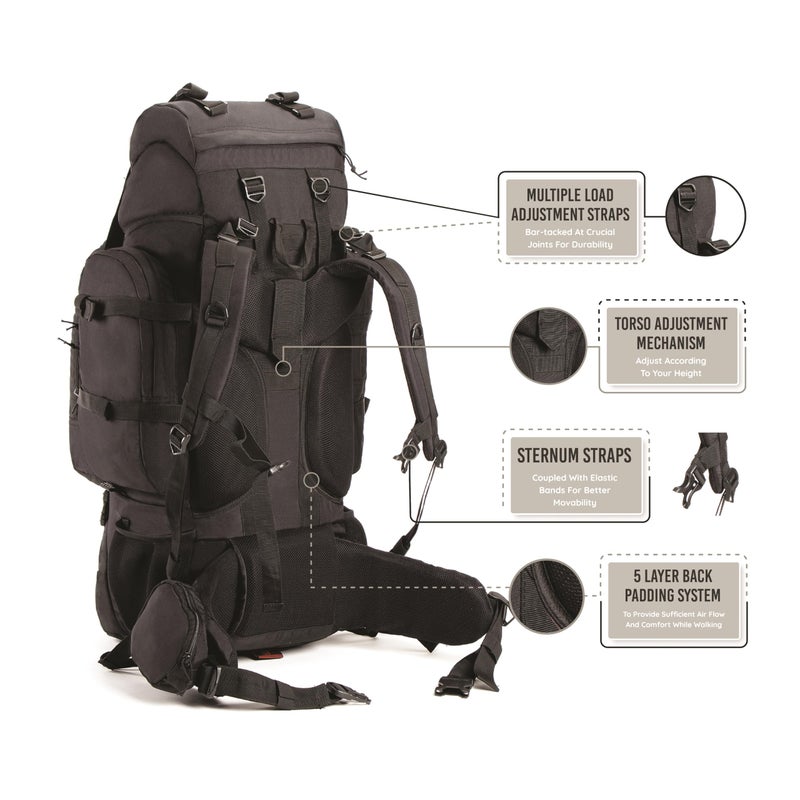 Tripole Colonel 80 Litres Internal Frame Trekking and Hiking Rucksack + Detachable Day Pack, Rain Cover, Black - Image 3
